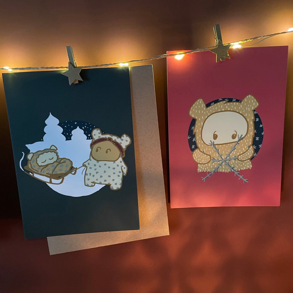 postkarten-winter-sleigh-ride-und catching snowflake studio-umaer